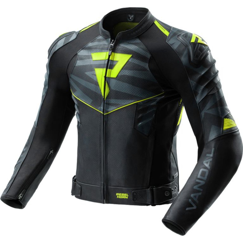 Rebelhorn VANDAL 2 BLACK GREY FLUO YELLOW LEATHER MOTORCYCLE JACKET