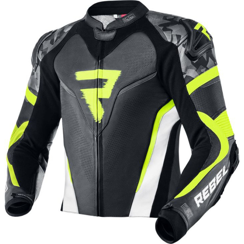 Rebelhorn REBEL BLACK WHITE FLUO YELLOW LEATHER MOTORCYCLE JACKET